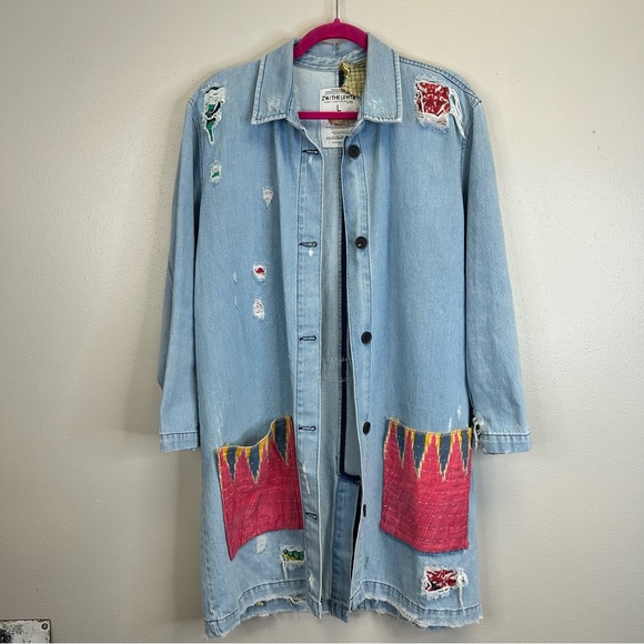 Upcycled Country Vibes Long Light Blue Denim Jacket Womens L Festival Cowgirl - Picture 7 of 15